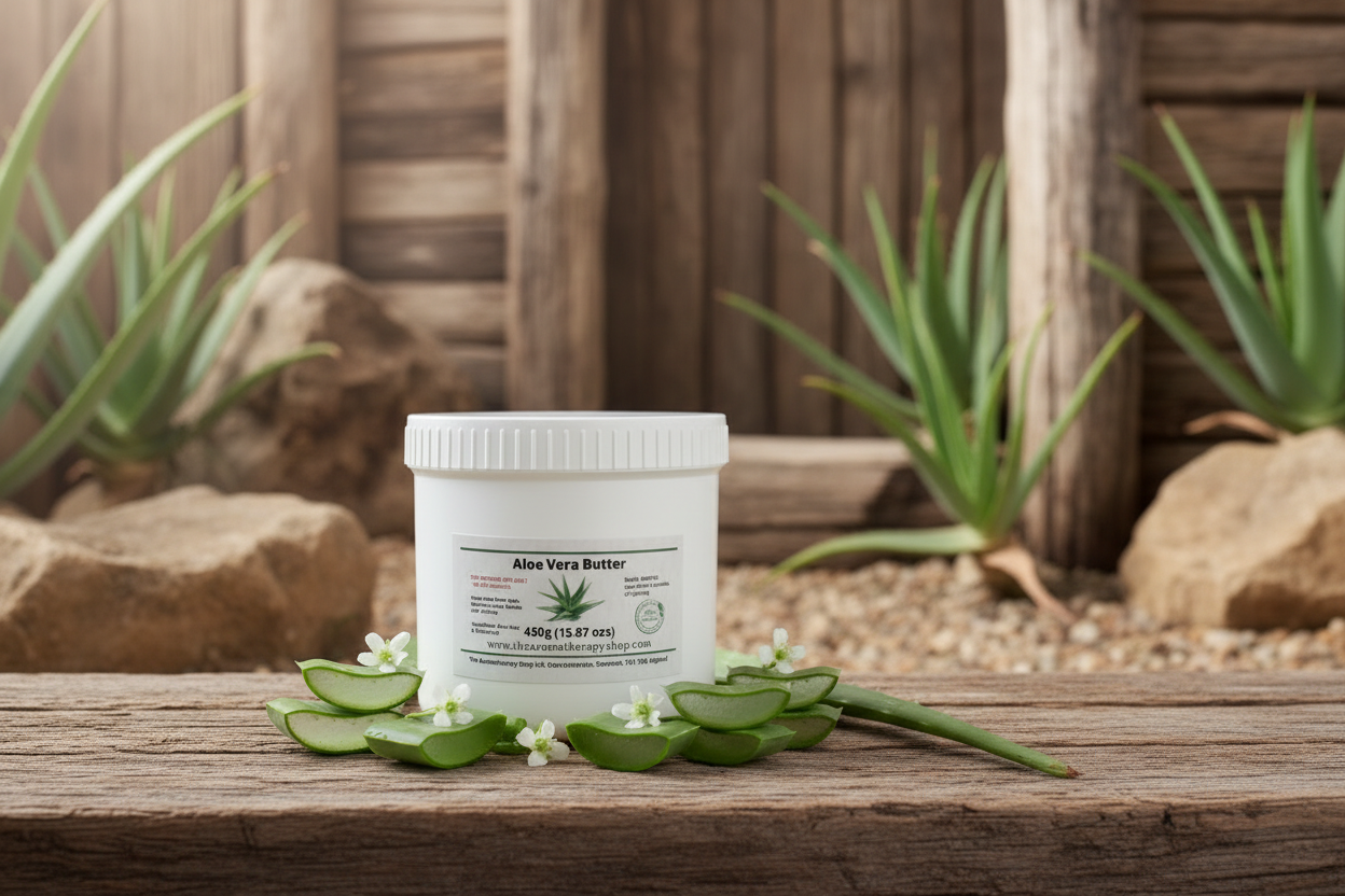 Aloe Vera Butter 450g with rustic outdoor natural background