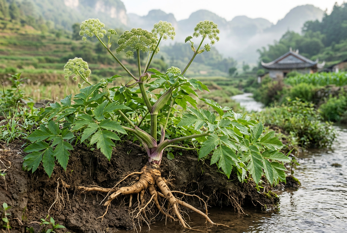 Angelica archangelica with visible roots in a Chinese mountain-valley setting, landscape 3:2, without a bottle or display surface