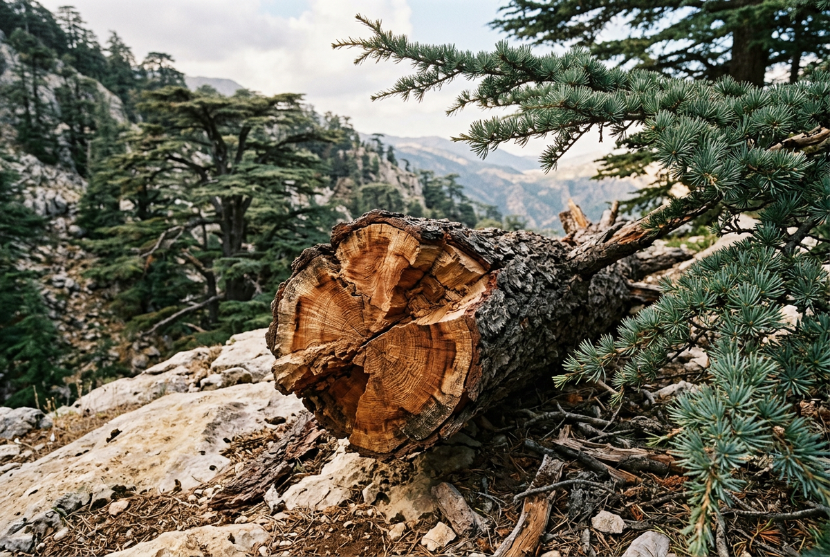 Atlas Heartwood showcase in a natural mountain cedar forest, without bottles or packaging