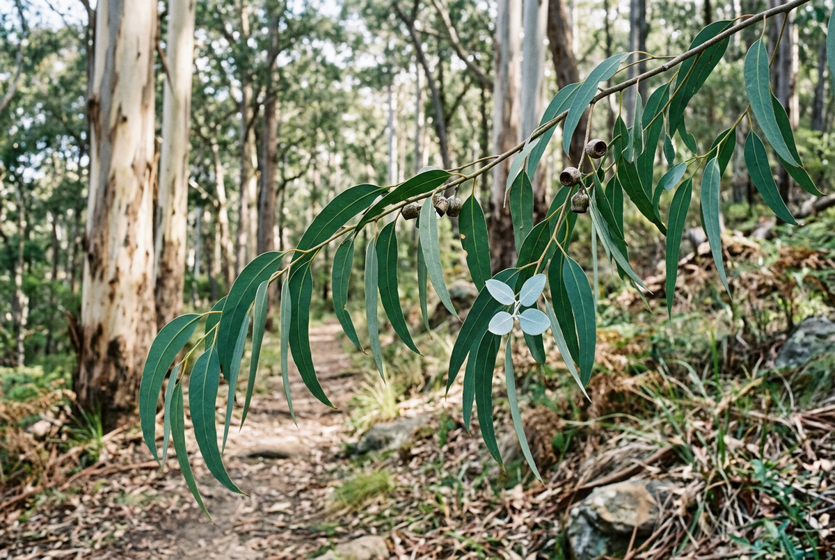 Blue Gum Leaf showcase in a natural eucalyptus woodland, without bottles or packaging