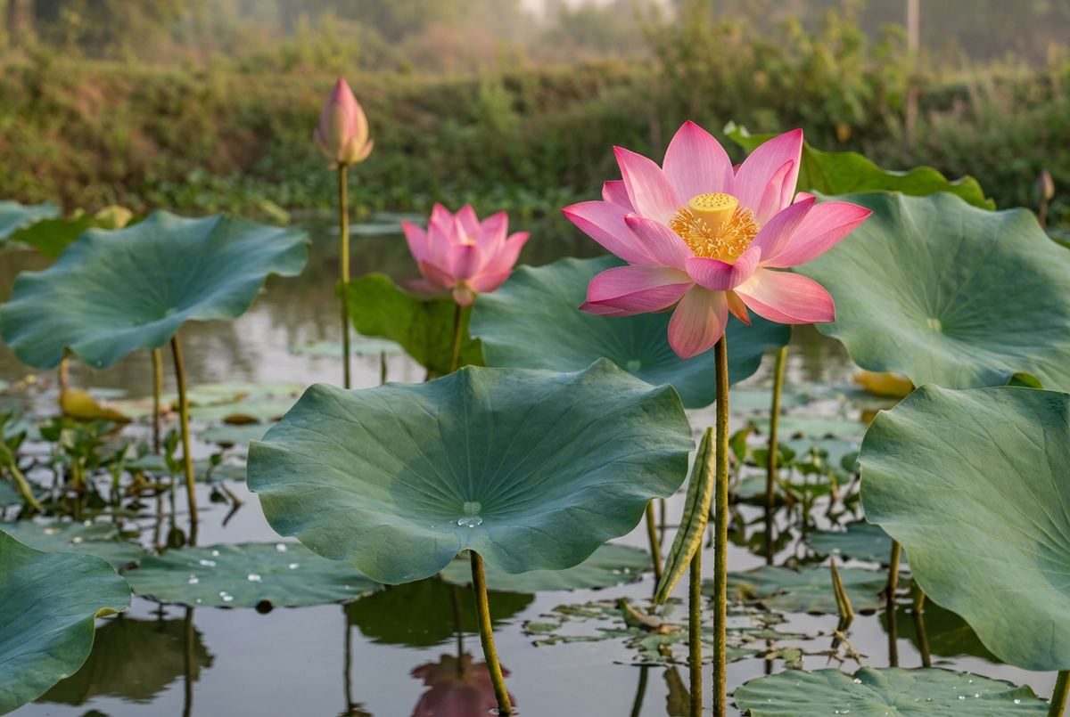 Blushing Lotus showcase in a natural Indian pond setting, without bottles or packaging