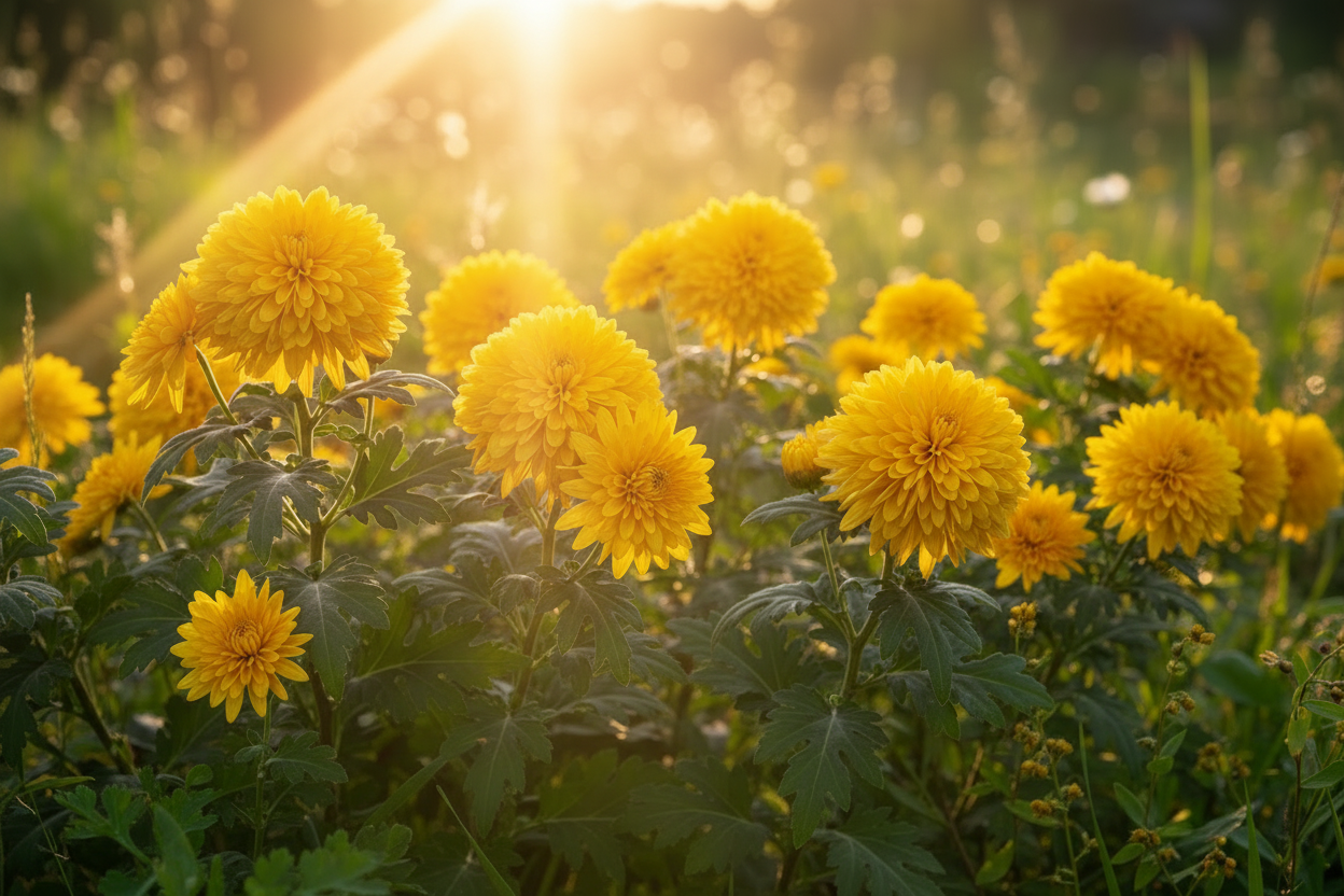 Chrysanthemum Flowers with Shaft of Sunlight