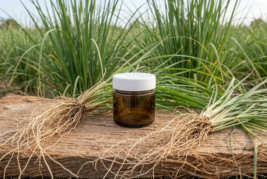 Chrysopogon zizanioides showcase with vetiver roots and grasses around the approved amber jar on a fresh organic surface