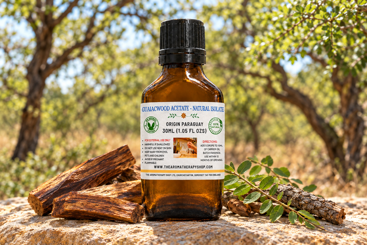 Guaiacwood Acetate showcase with your label, a centred slightly set-back bottle and Paraguayan woodland background on natural ochre stone