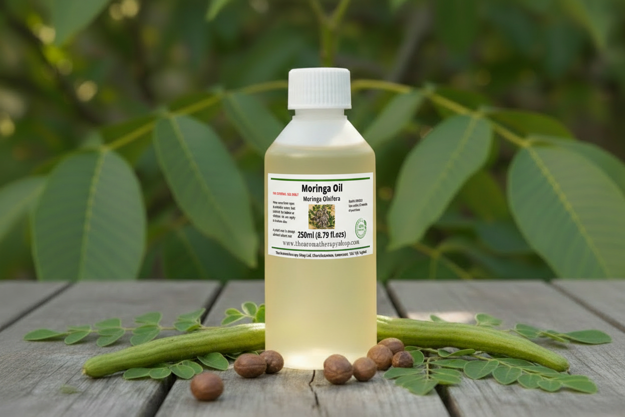 Moringa Oil 250ml with label positioned below collar