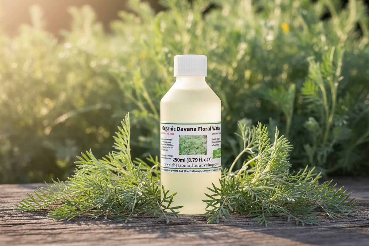 Organic Davana Floral Water 250ml bottle in sunny garden setting - landscape