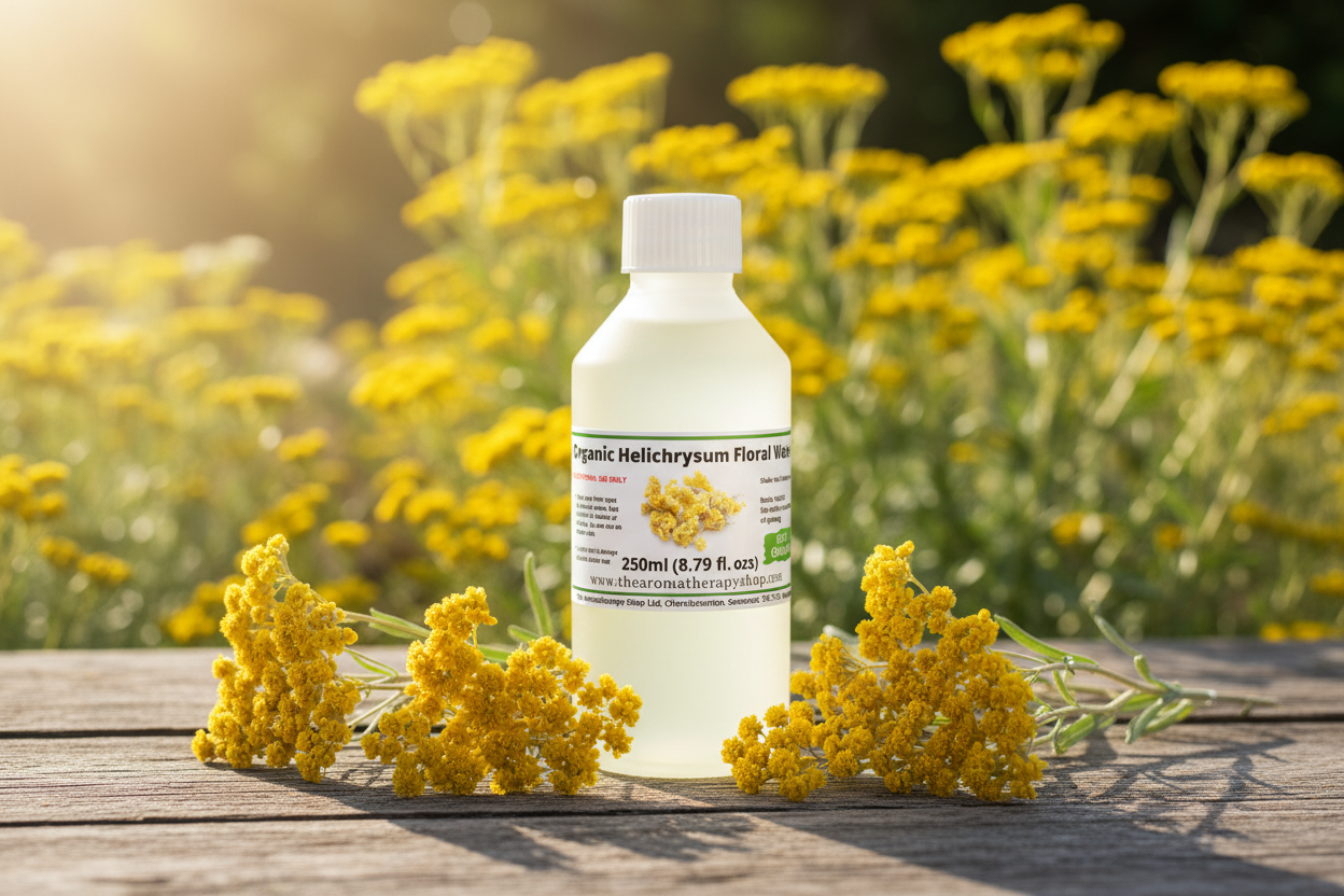 Organic Helichrysum Floral Water 250ml bottle in sunny outdoor setting - landscape