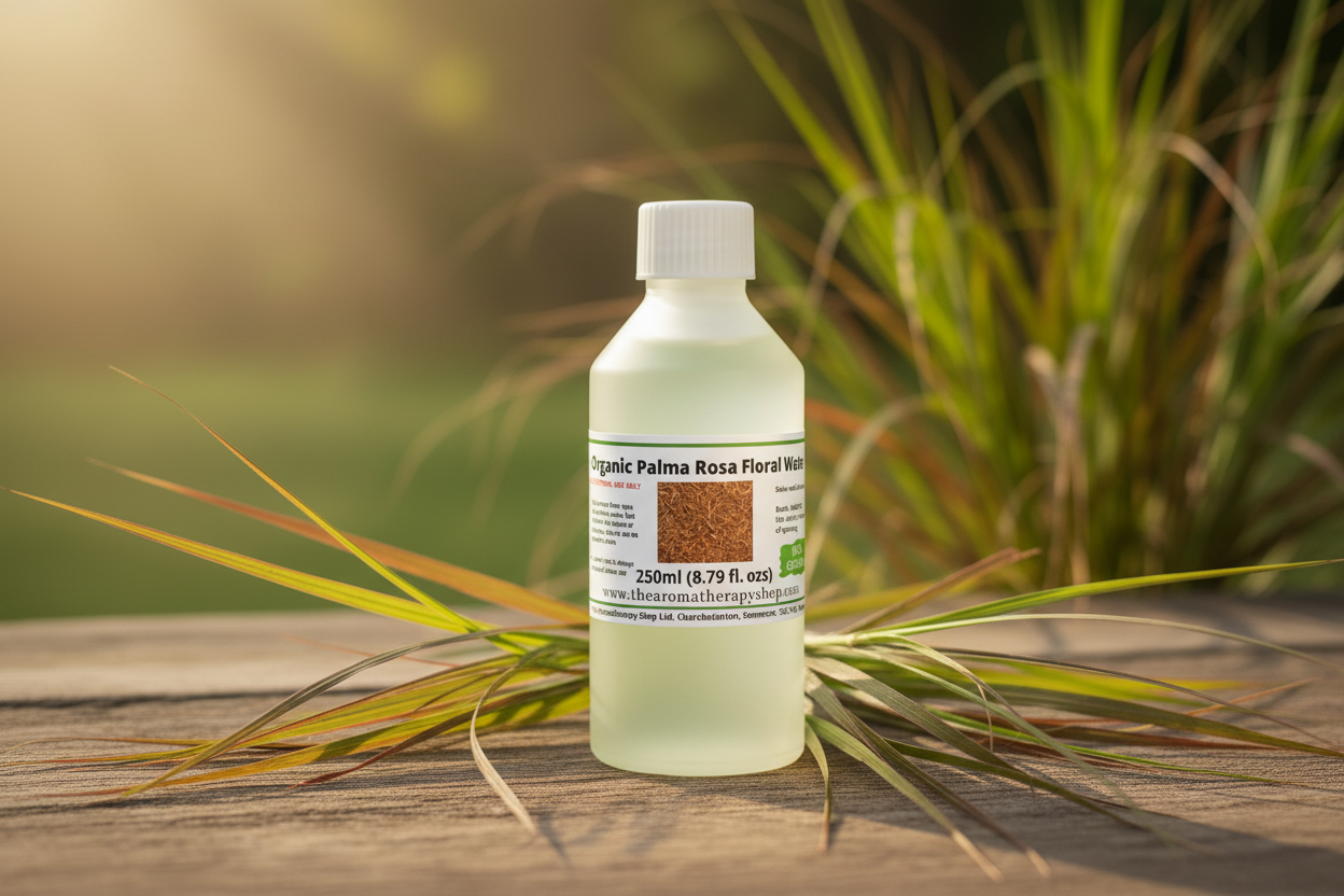 Palma Rosa Floral Water 250ml bottle in sunny garden