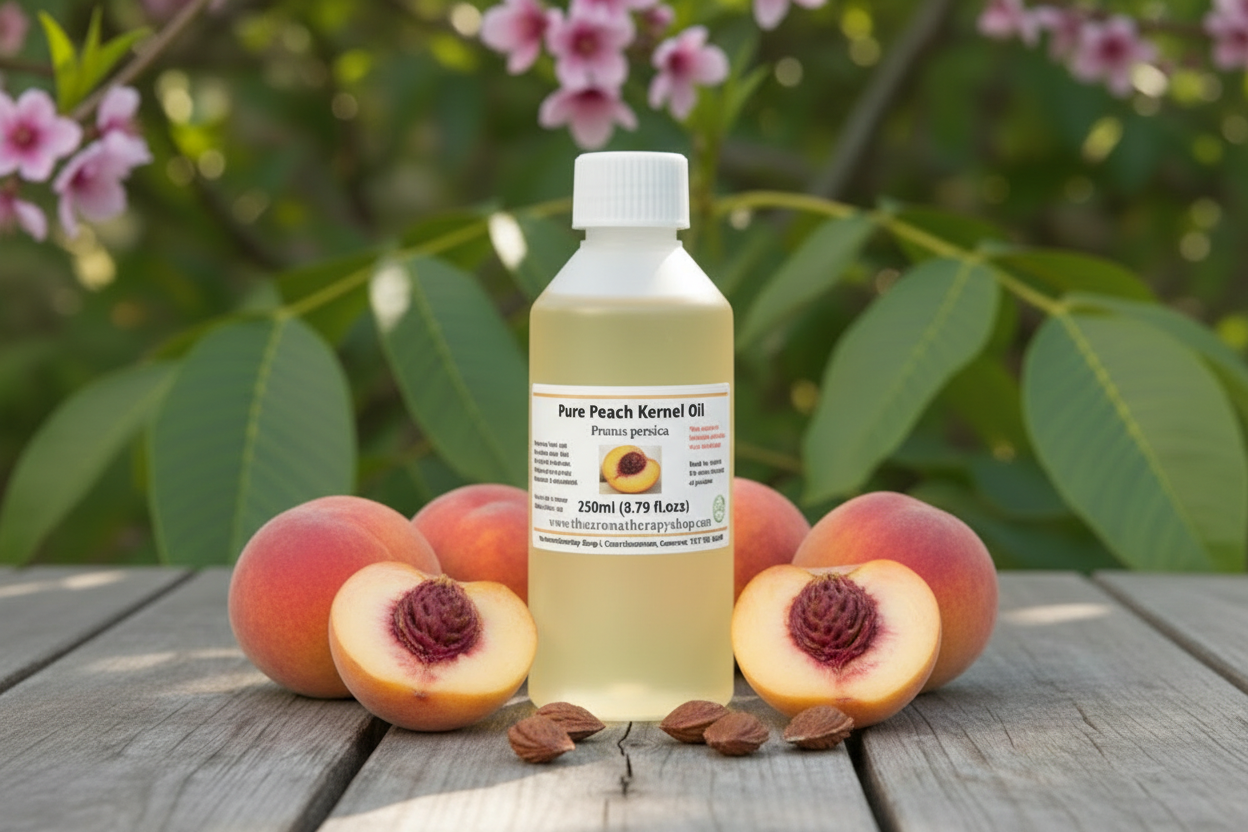 Peach Kernel Oil 250ml on natural wooden surface with peaches