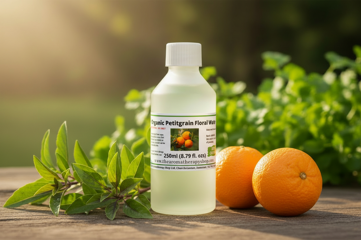 Petitgrain Floral Water 250ml bottle with bitter oranges in sunny garden