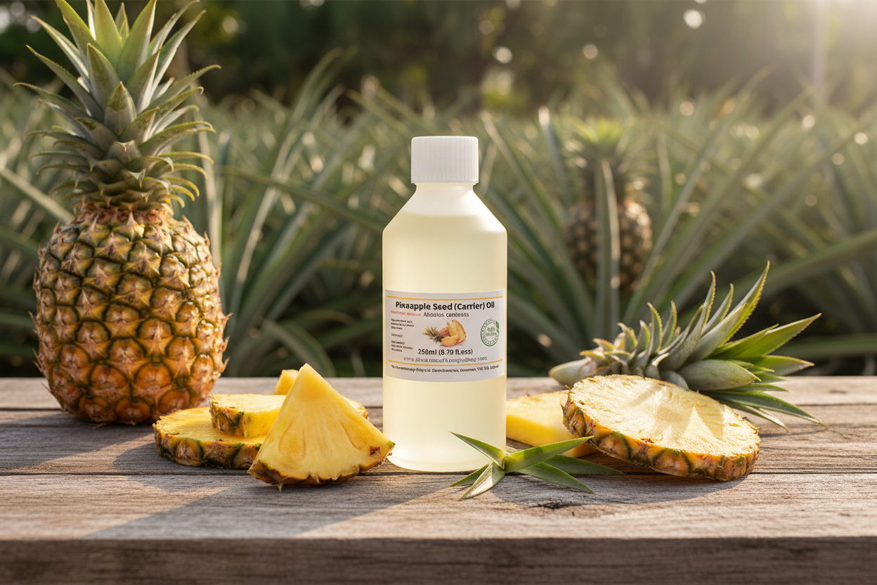 Pineapple Seed Carrier Oil bottle on natural outdoor surface with fresh pineapple elements