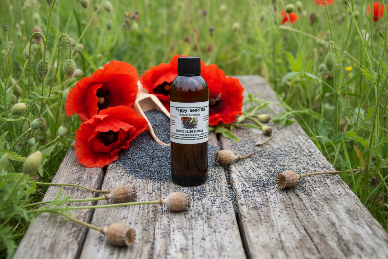 Poppy Seed Oil outdoor product image with seeds