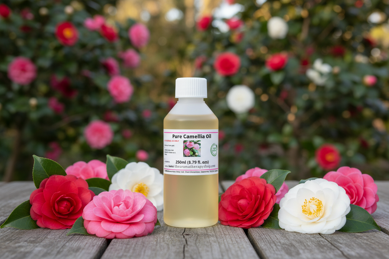 Pure Camellia Oil 250ml with realistic flowers