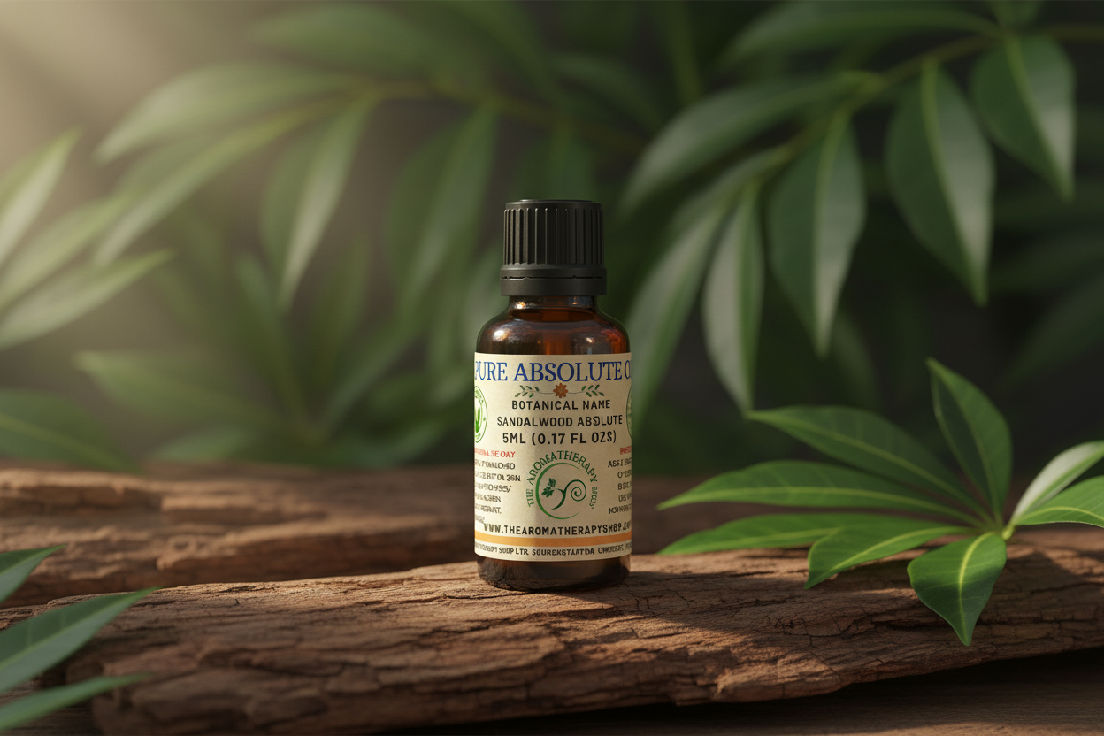 Sandalwood Absolute 5ml bottle with authentic label and New Caledonian botanical background