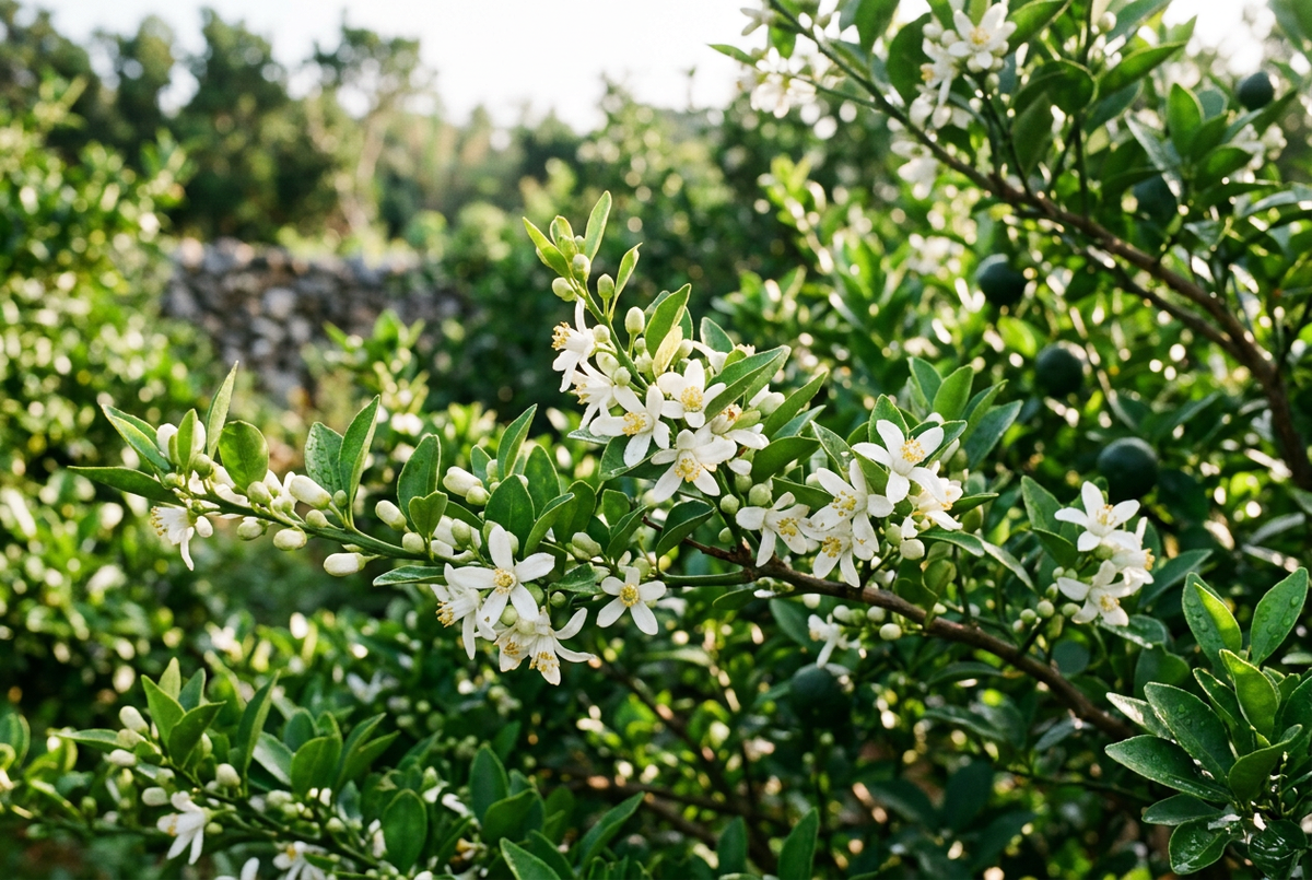 Shikuwasa blossoms in a natural Okinawan citrus grove
