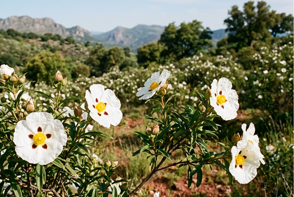 Spanish Cistus flowers and foliage in a Sierra Morena landscape, 3:2, without a bottle or display surface