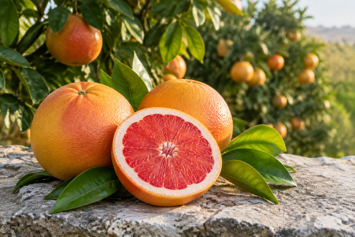 Sun-ripened red grapefruit in a natural orchard setting