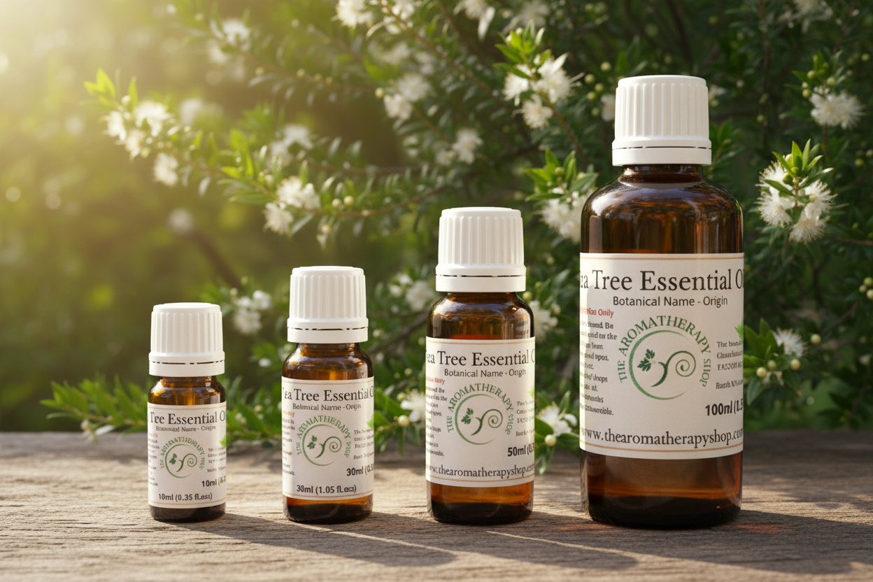Tea Tree Essential Oil bottles showcase
