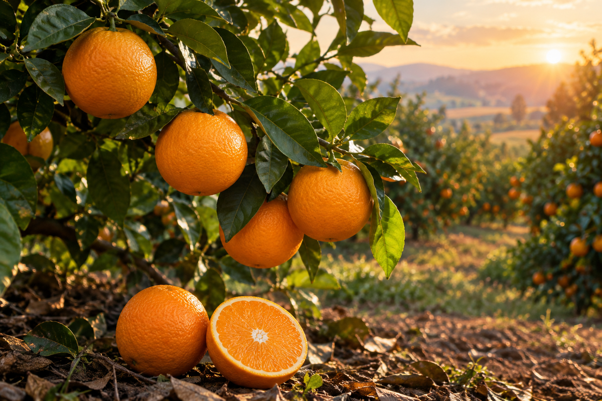 Valencia Sunrise orange showcase in a natural orchard
