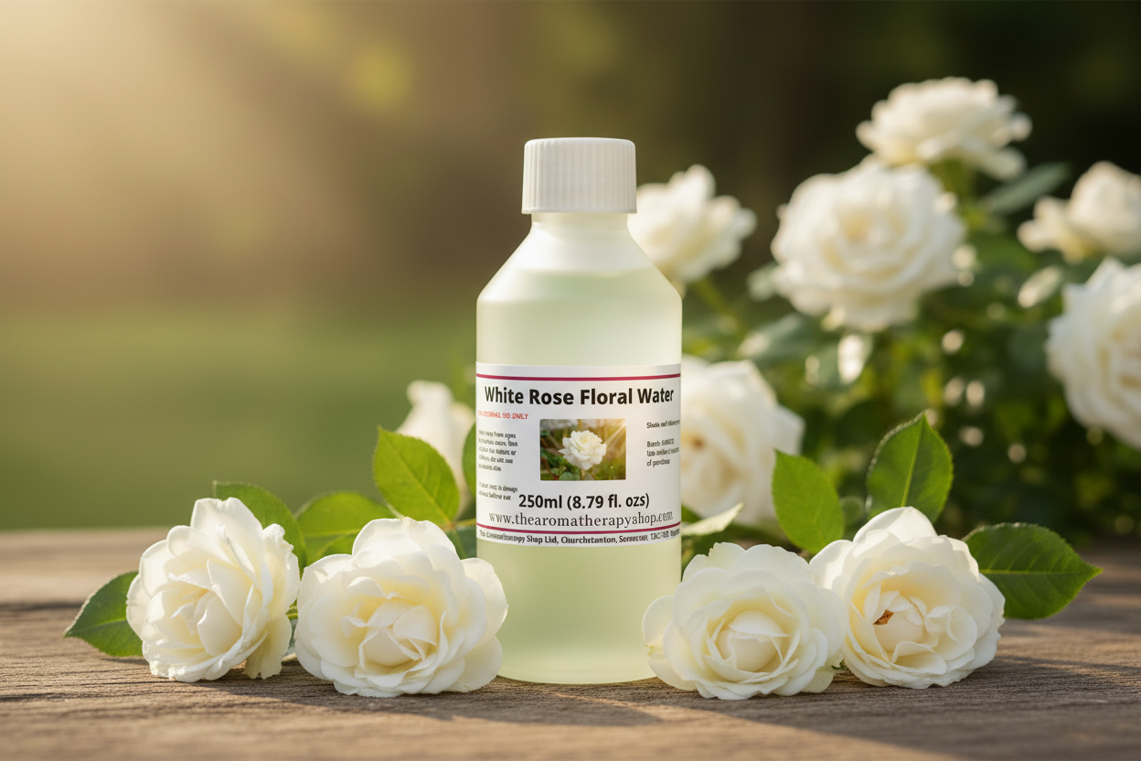 White Rose Floral Water 250ml bottle in sunny garden