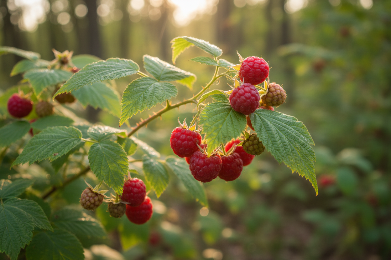 Wild Raspberries with Leaves