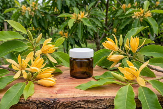 Yellow Magnolia champaca showcase with the original small amber jar on a fresh organic wood surface