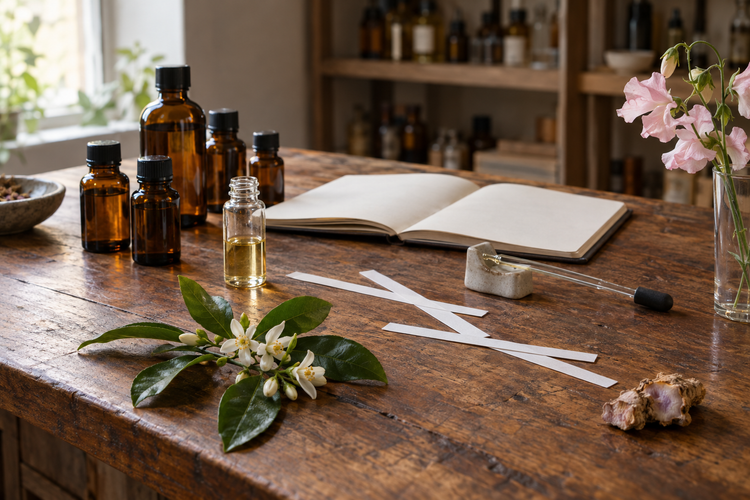 Perfumery bases image featuring a perfumer’s working desk