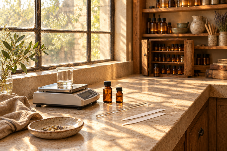 Sunlit artisan perfumery workspace for natural isolates