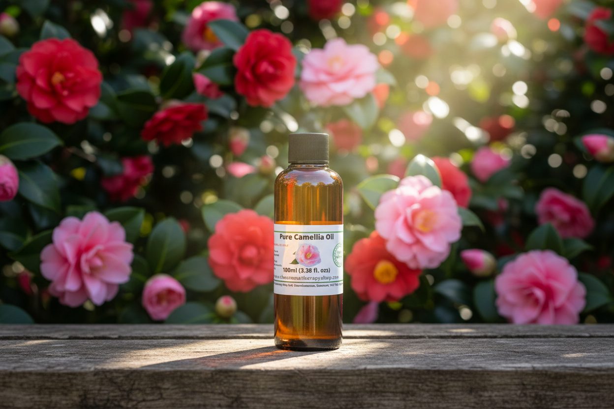 100ml Camellia Oil with Pink and Red Camellia Background