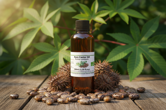 100ml Castor Oil with Castor Beans Background