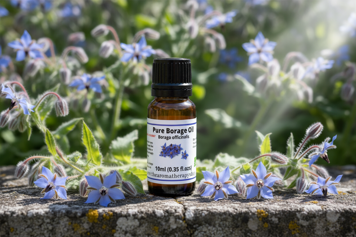 10ml Borage Oil on natural outdoor surface with borage flowers
