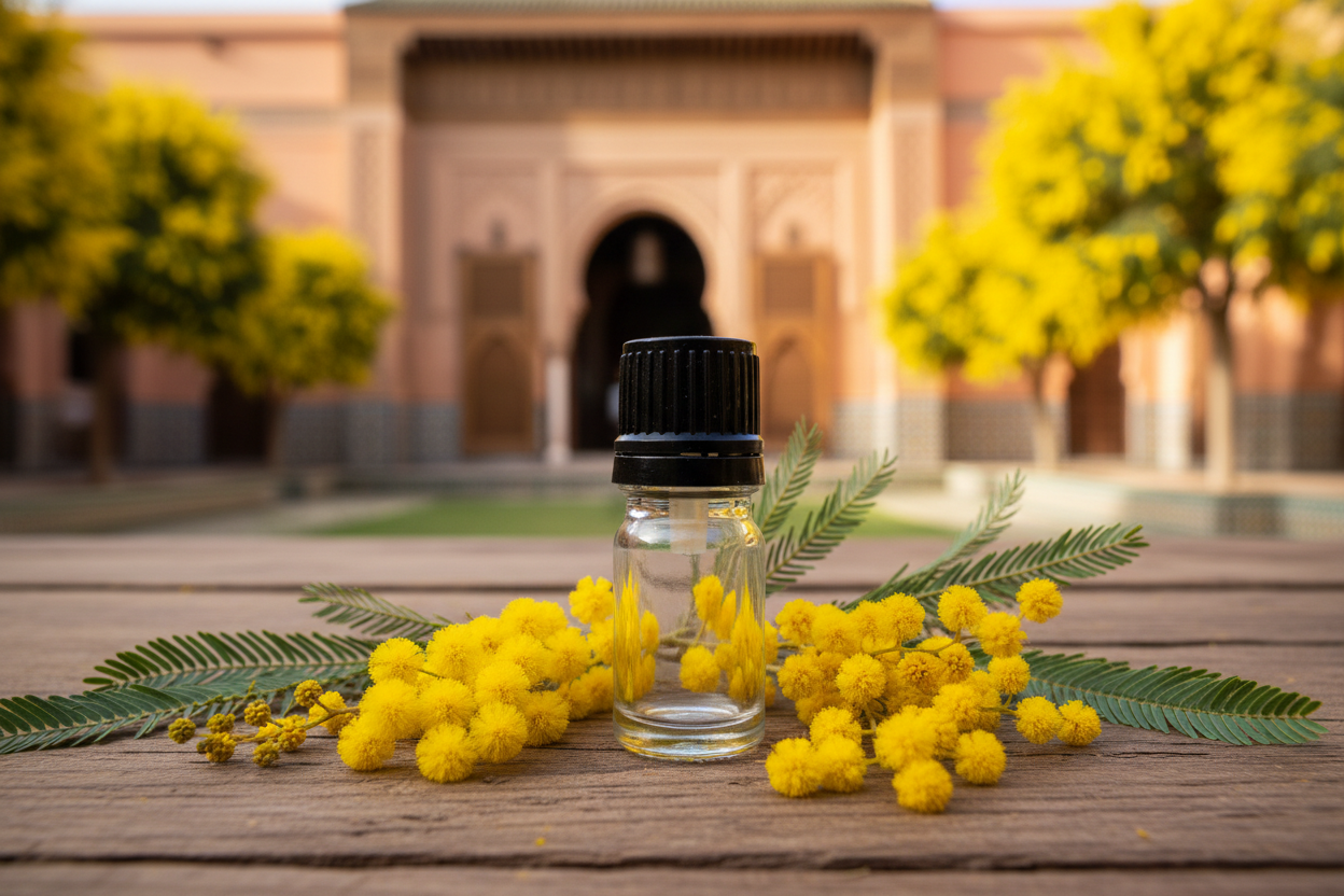 Acacia Decurrens Mimosa Moroccan Background 1ml Bottle Showcase