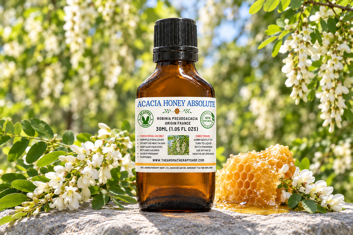 Acacia Honey Absolute showcase with the approved 30 ml bottle, honeycomb and white acacia blossoms on natural stone, without bees
