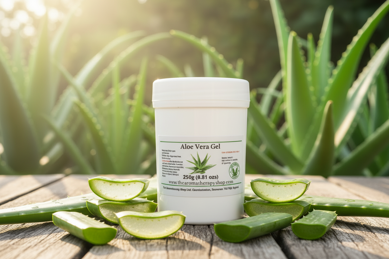 Aloe Vera Gel 250g white snap-secure pot in sunny outdoor setting