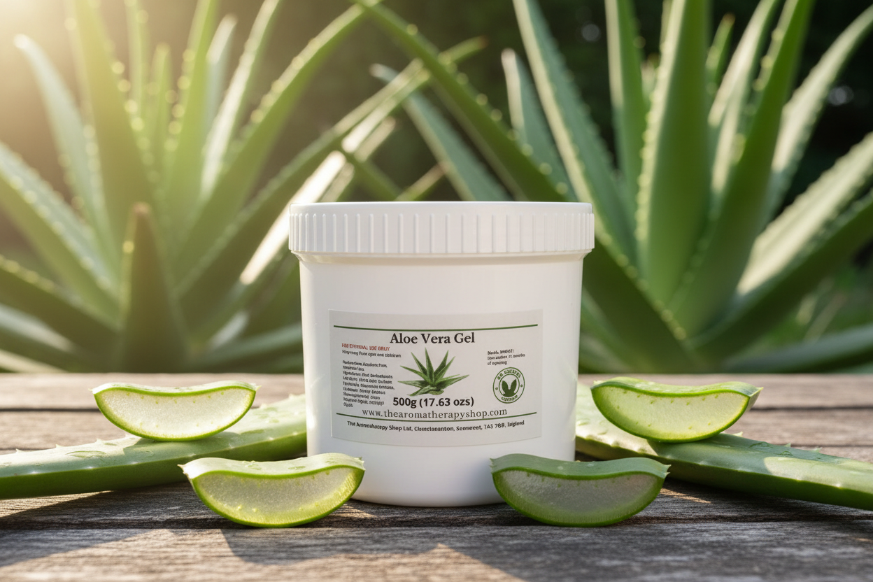 Aloe Vera Gel 500g white tub in sunny outdoor setting