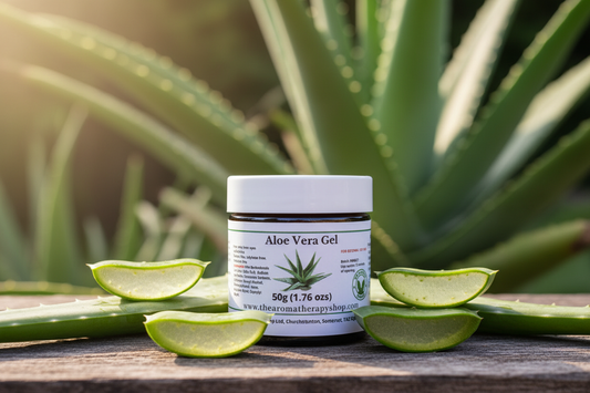 Aloe Vera Gel 50g amber jar with white screw lid and random aloe slices