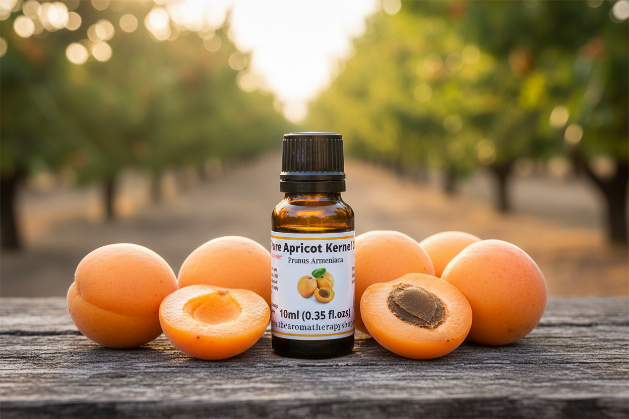 Apricot Kernel Oil bottle with label in orchard setting
