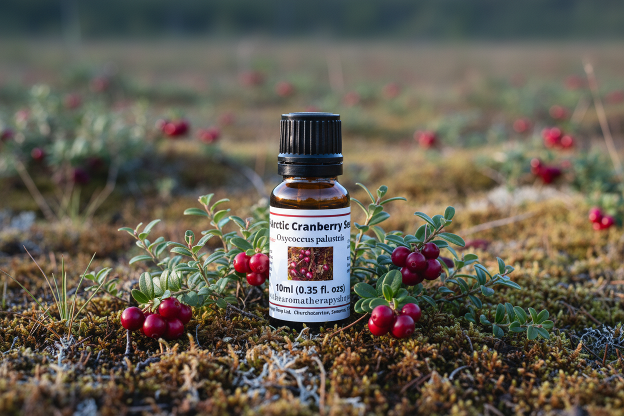 Arctic Cranberry Seed Oil bottle with wild cranberries in bog setting