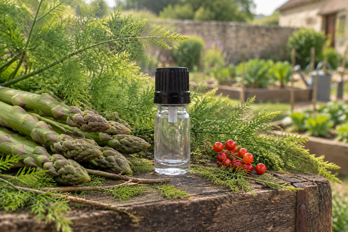 Asparagus officinalis 1ml showcase with extra twigs, French potager garden background