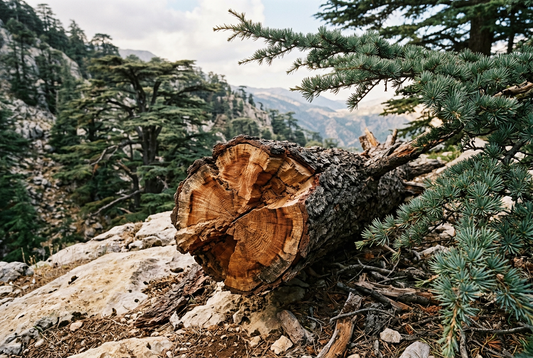 Atlas Heartwood showcase in a natural mountain cedar forest, without bottles or packaging