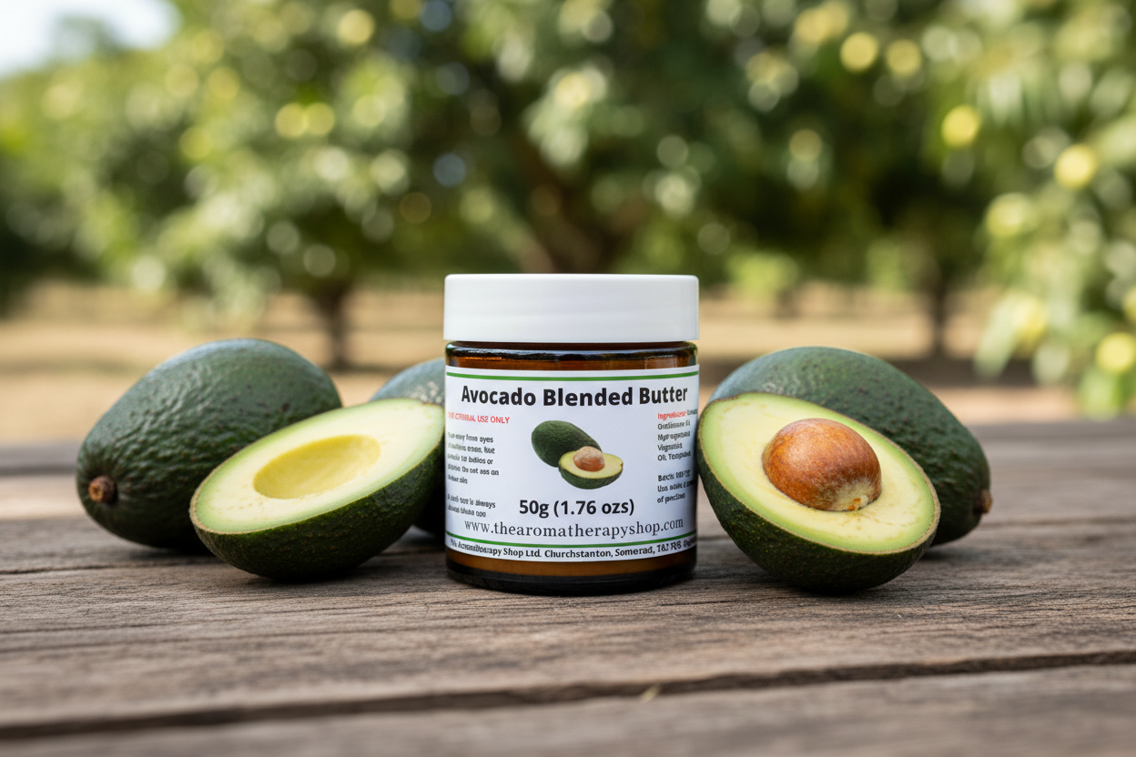 Avocado Blended Butter 50g with smooth white lid - natural outdoor setting