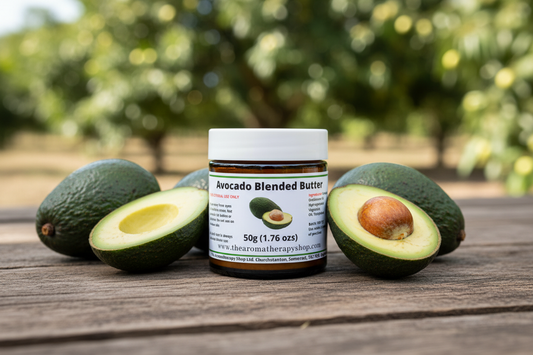 Avocado Blended Butter 50g with smooth white lid - natural outdoor setting