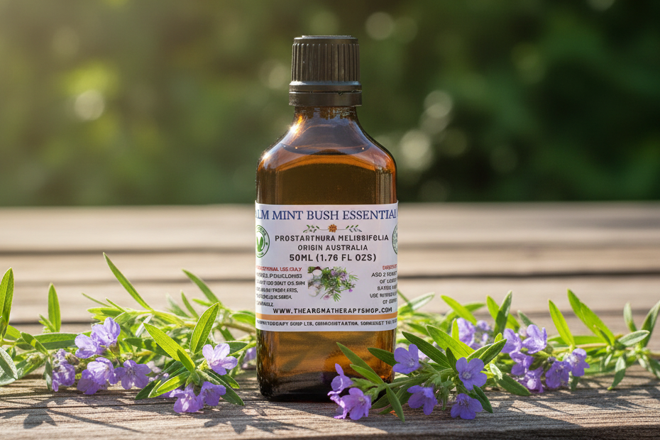 Balm Mint Bush 50ml Essential Oil outdoor showcase - corrected label size