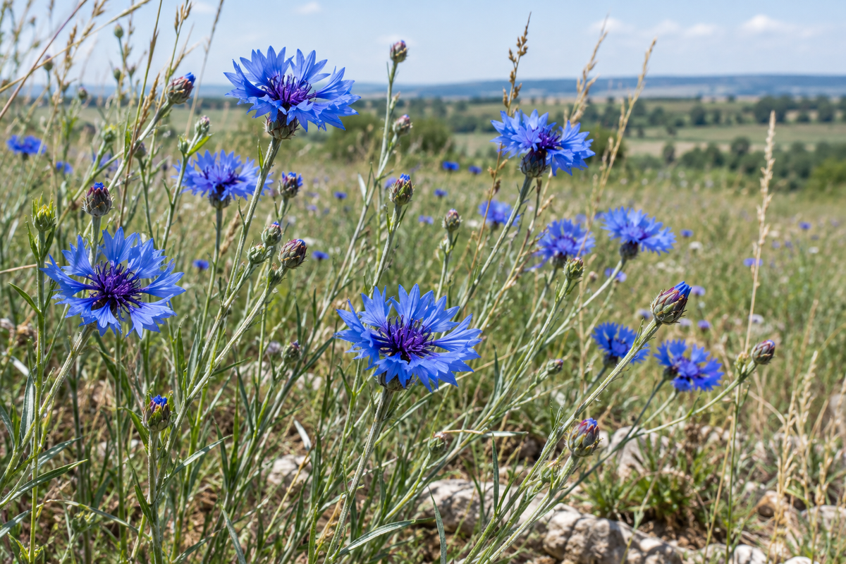 Blue cornflowers growing in a natural meadow