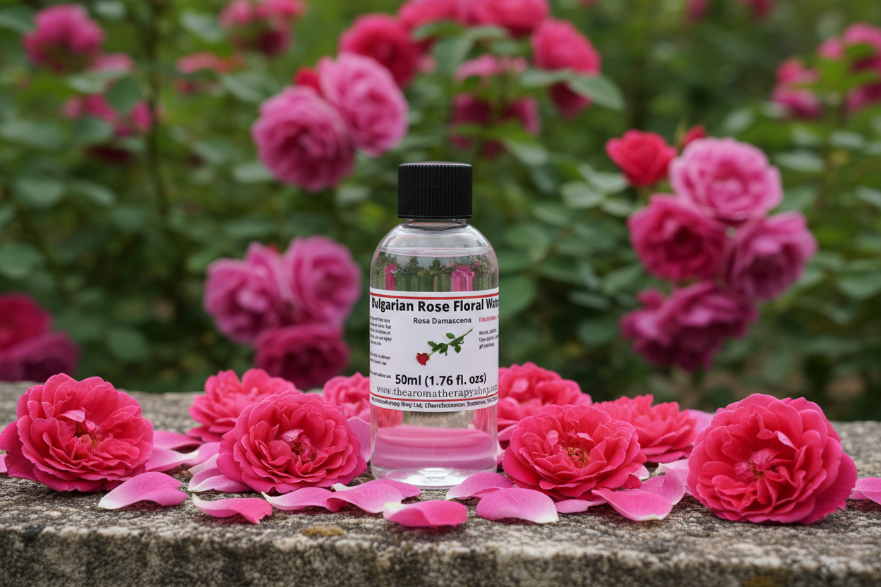 Bulgarian Rose Floral Water 50ml in natural outdoor setting