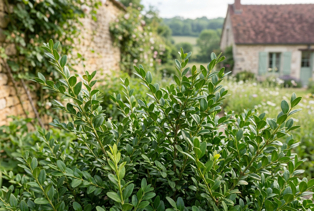 Buxus sempervirens foliage in a French country garden, landscape 3:2, without a bottle or display surface
