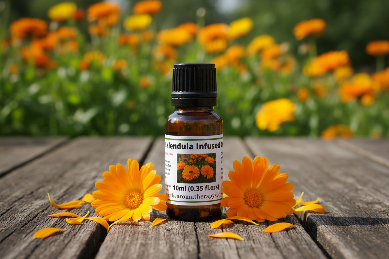 Calendula Infused Oil bottle on natural outdoor surface with calendula flowers