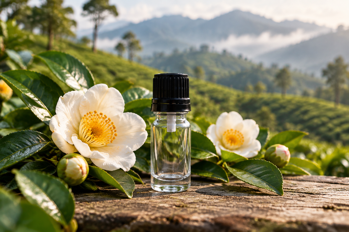 Camellia oleifera 1ml showcase, Sri Lankan tea plantation background