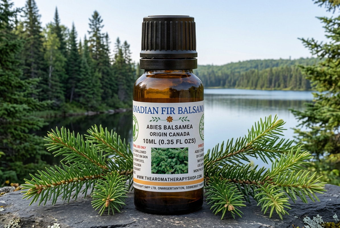 Canadian Fir Balsam showcase with a new lakeside forest background and slate surface