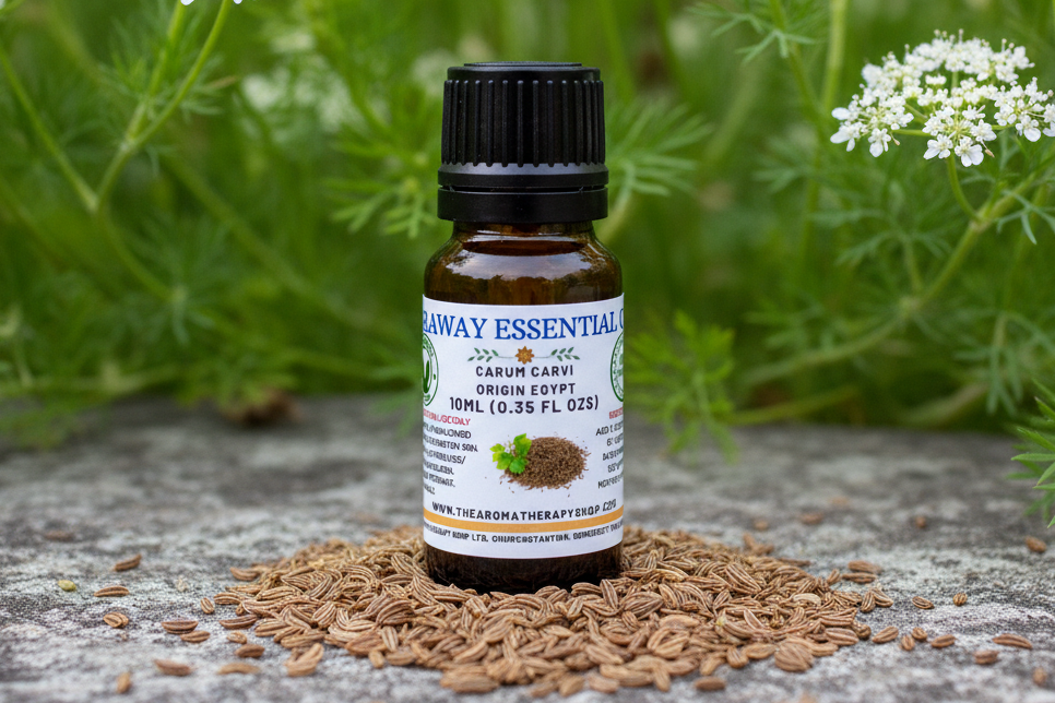 Caraway Essential Oil on grey stone